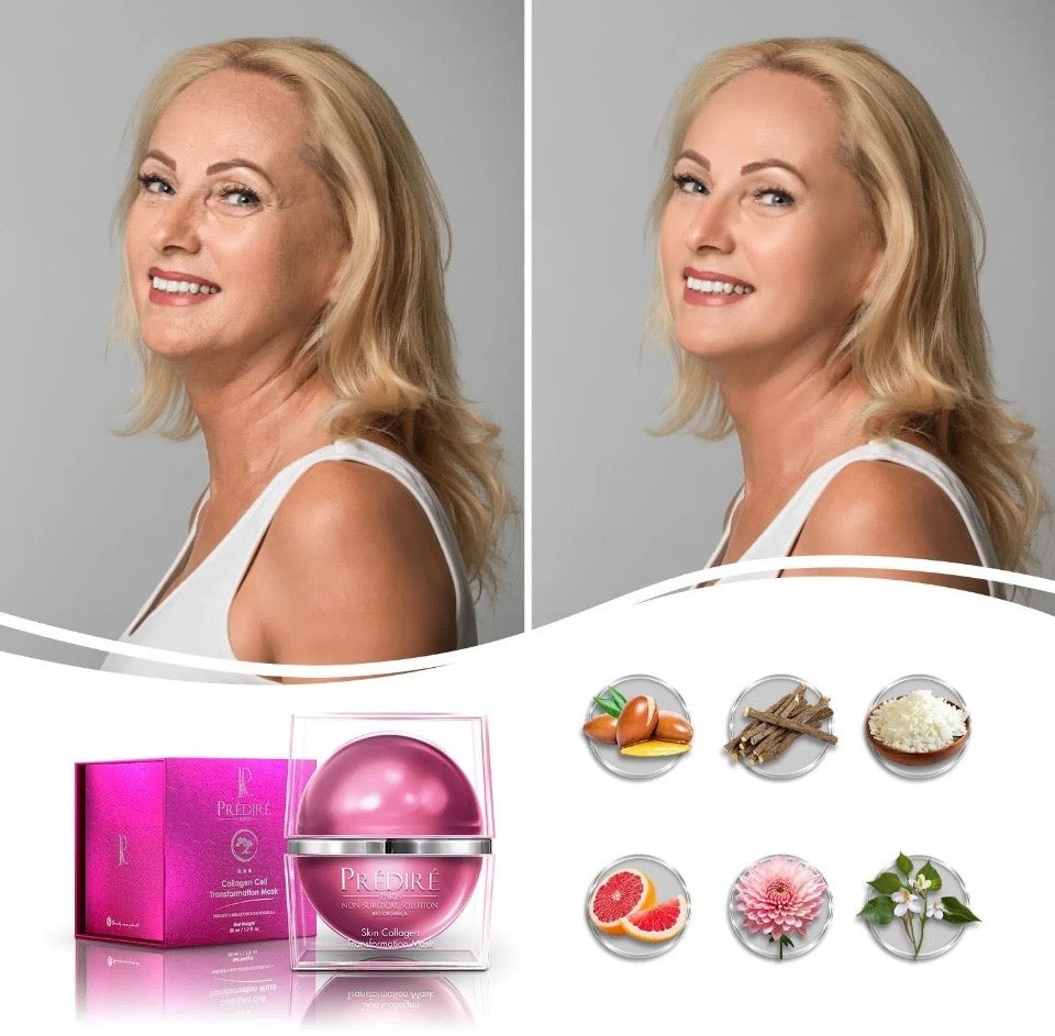 Before and after with Prédiré Paris Skin Collagen Transformation Mask - visibly firmer, lifted skin with key botanical ingredients Argan Oil, Licorice Root, Shea Butter, Grapefruit, Chrysanthemum and Jasmine