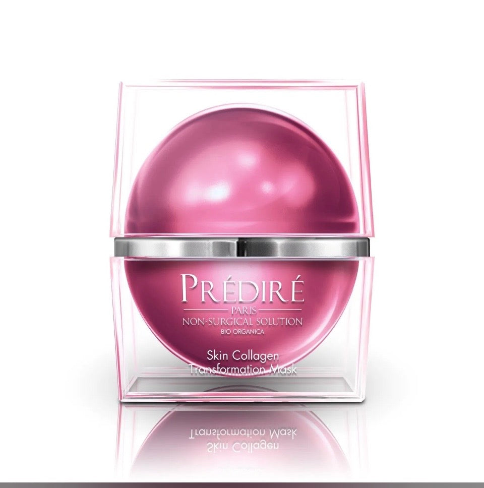 Prédiré Paris Skin Collagen Transformation Mask - close-up of spherical metallic rose-pink dome jar in clear acrylic display case on white background