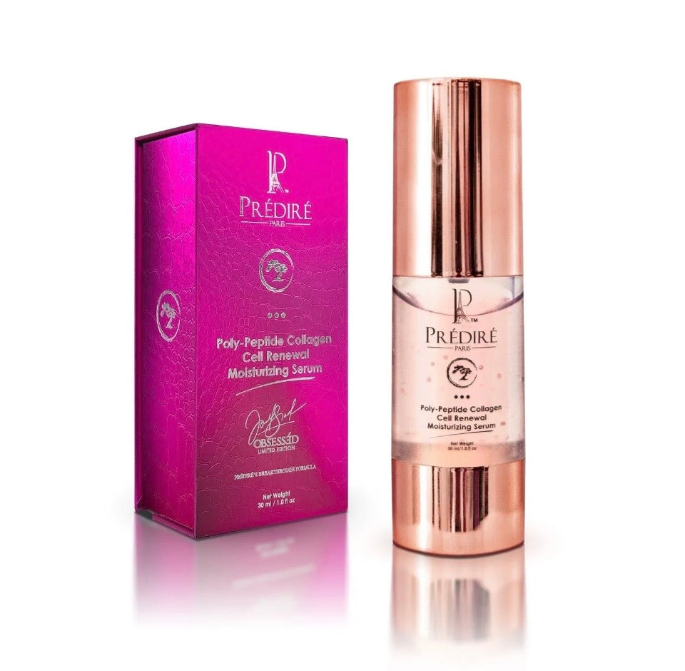 Prédiré Paris Poly-Peptide Collagen Cell Renewal Moisturizing Serum - rose gold airless pump bottle next to fuchsia Limited Edition gift box on white background