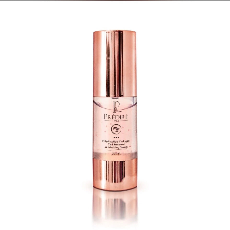 Prédiré Paris Poly-Peptide Collagen Cell Renewal Moisturizing Serum - rose gold airless pump bottle close-up on white background