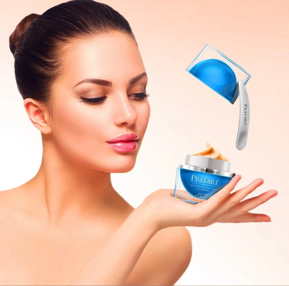 Model holding Prédiré Paris Eye Care Intensive Rescue Gel and spatula - lifestyle editorial shot