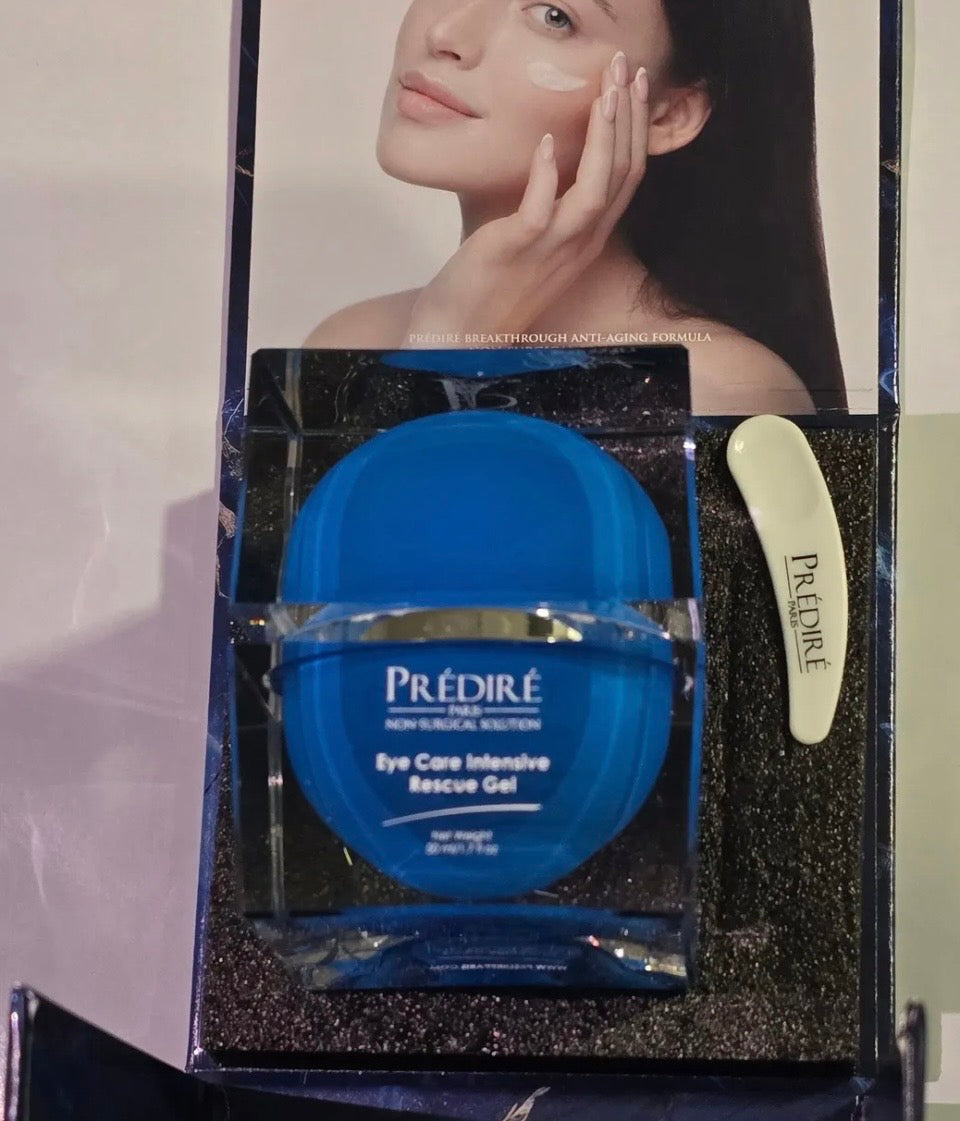 Prédiré Paris Eye Care Intensive Rescue Gel - unboxed showing blue dome jar and spatula in black foam interior