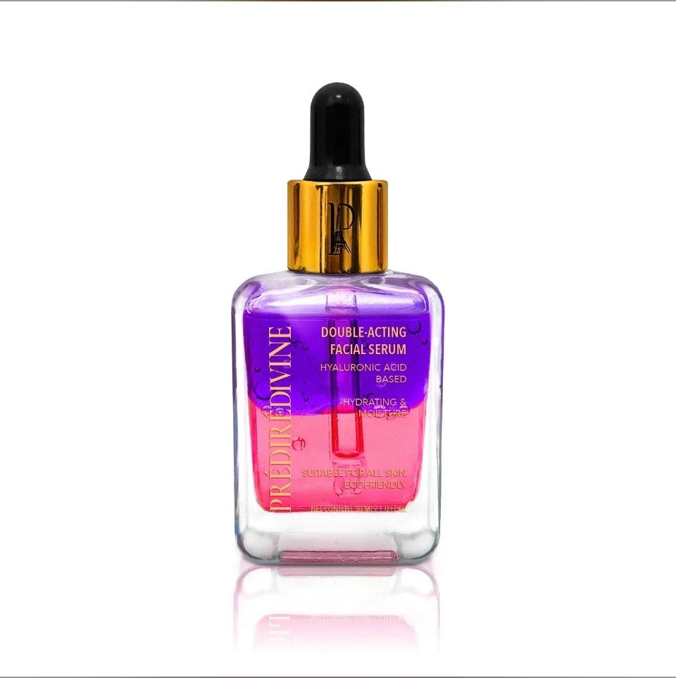 Prédiré Paris PrédiréDivine Double-Acting Facial Serum - close-up of bi-phase purple-to-pink gradient glass bottle with gold dropper cap on white background