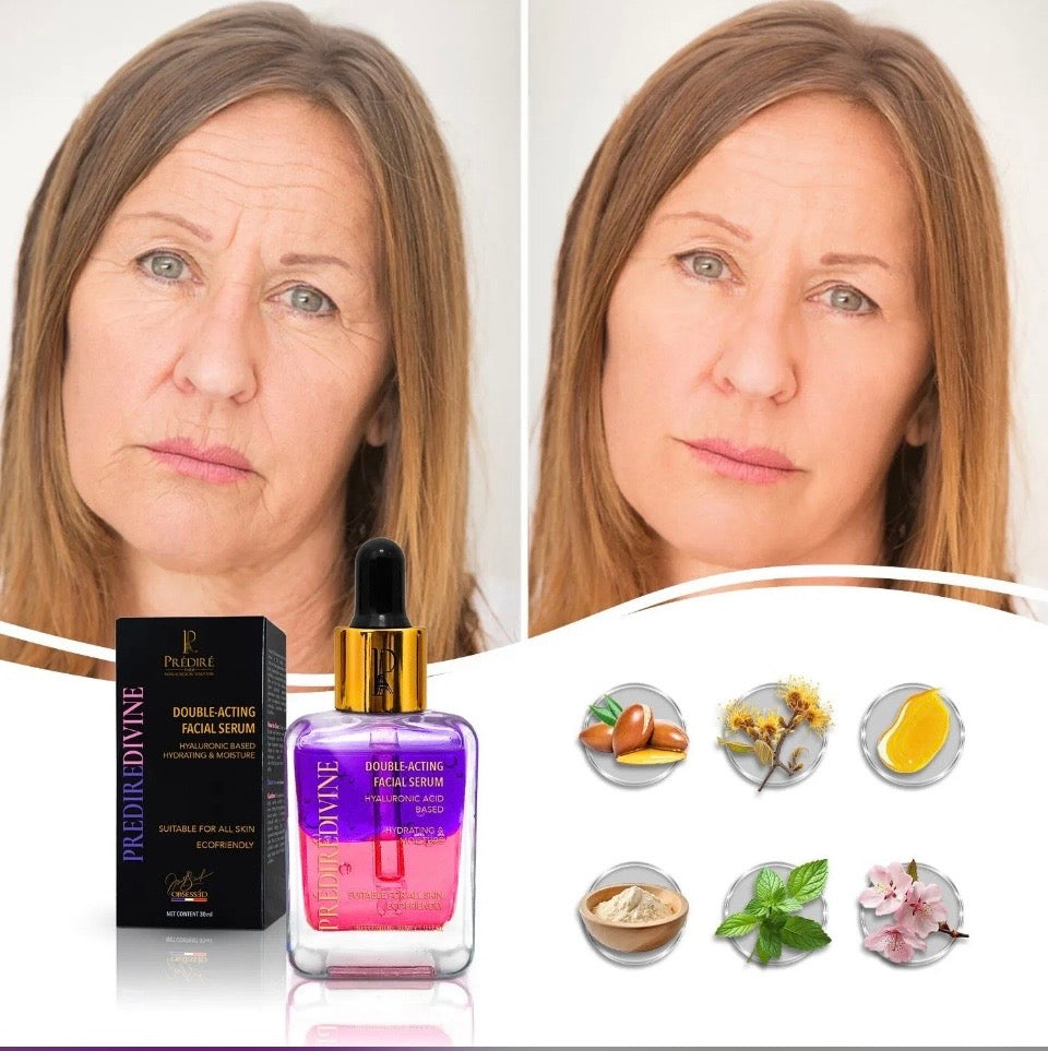 Before and after with Prédiré Paris PrédiréDivine Double-Acting Facial Serum - visibly reduced fine lines and wrinkles with key botanical ingredients