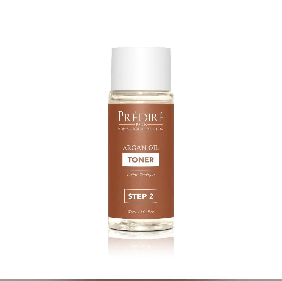 Prédiré Paris Argan Oil Toner Step 2 - clear glass bottle 30ml on white background