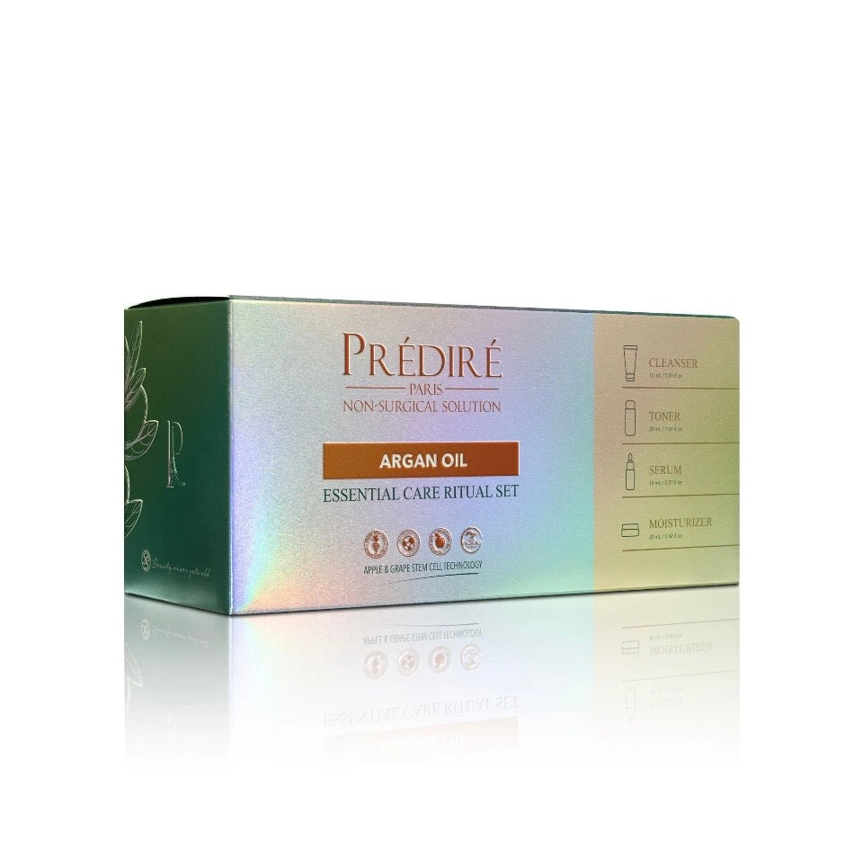 Prédiré Paris Argan Oil Essential Care Ritual Set - holographic iridescent gift box with product icons on white background