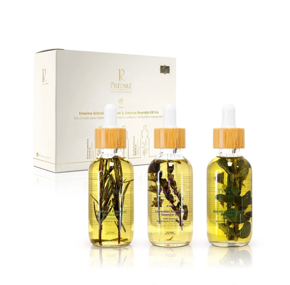 Prédiré Paris Botanical Essential Oil Trio - Rosemary, Lavender and Eucalyptus bottles displayed in front of luxury gift box