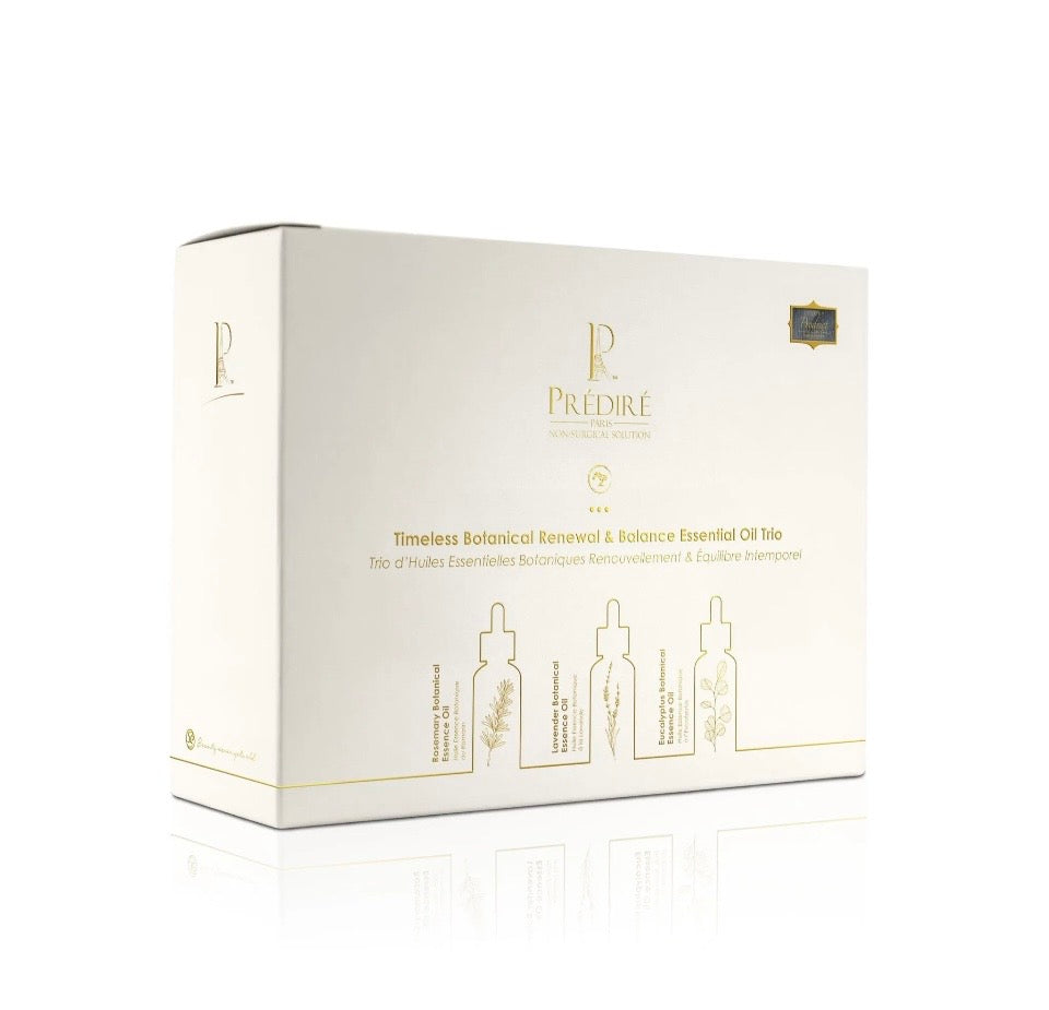 Prédiré Paris Timeless Botanical Renewal & Balance Essential Oil Trio - white and gold luxury gift box packaging