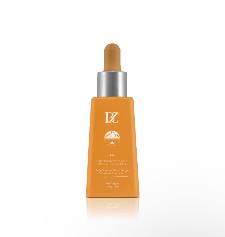 BZ Daily Essence Vitamin C Boosting Facial Serum - amber gold matte dropper bottle solo on white background showing BZ mountain peak logo
