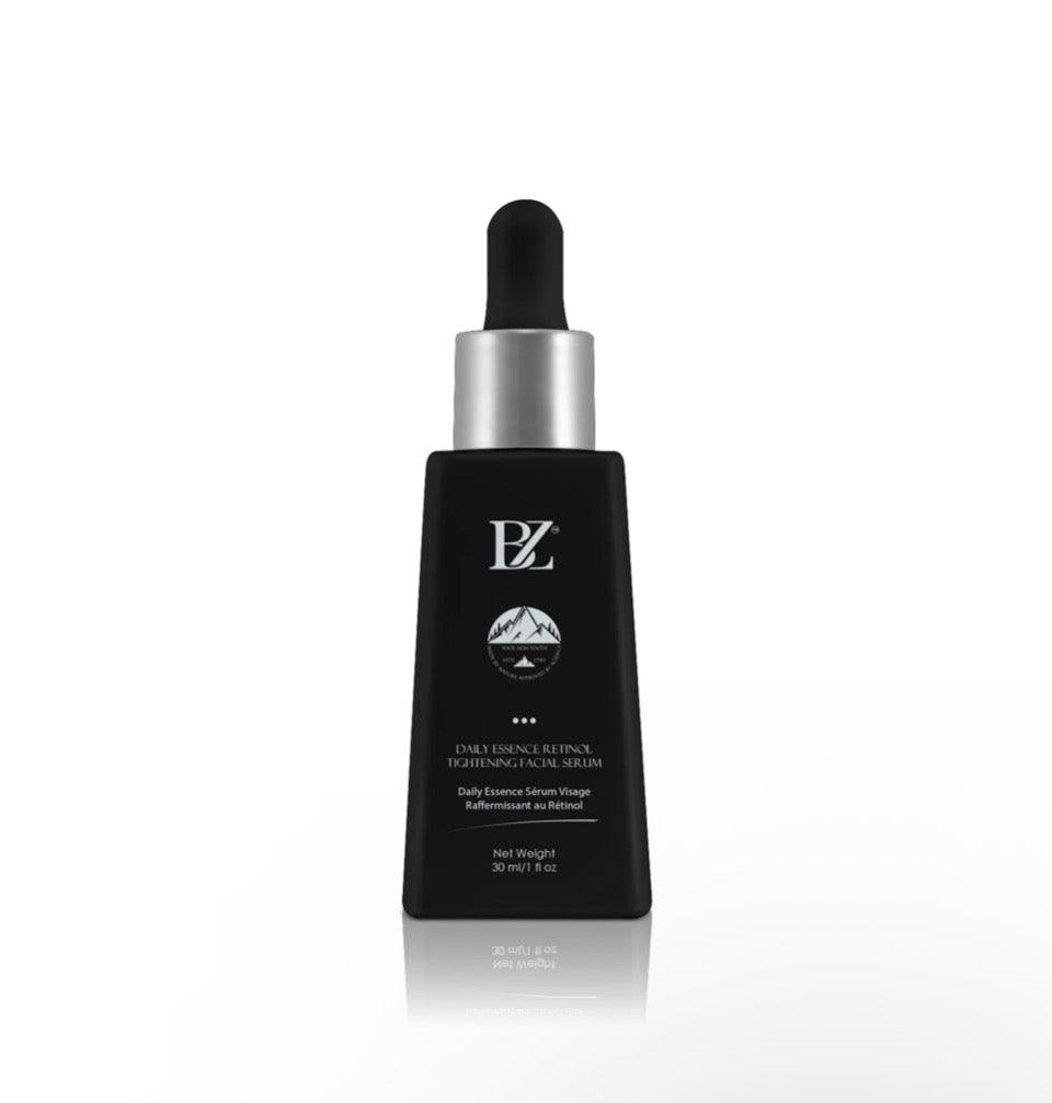 BZ Daily Essence Retinol Tightening Facial Serum - matte black dropper bottle solo on white background showing BZ mountain peak logo