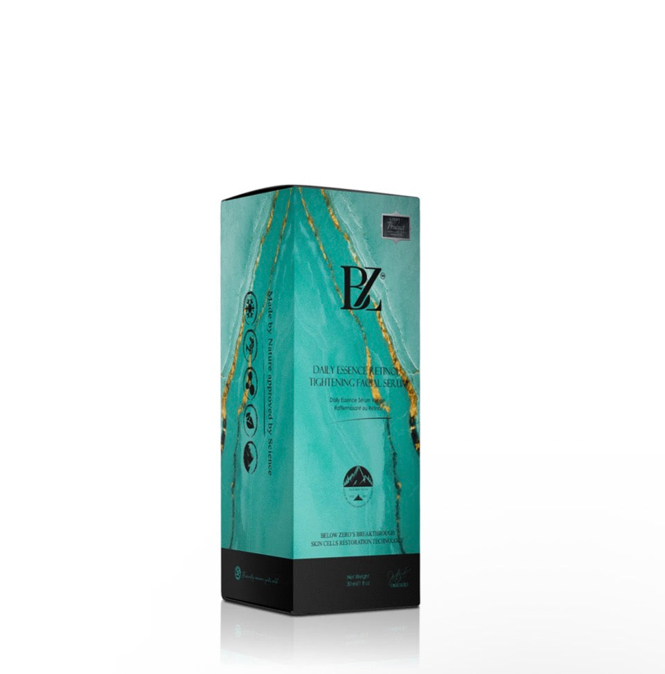 BZ Daily Essence Retinol Tightening Facial Serum - teal marble and gold gift box solo on white background showing Made by Nature Approved by Science and Skin Cells Restoration Technology
