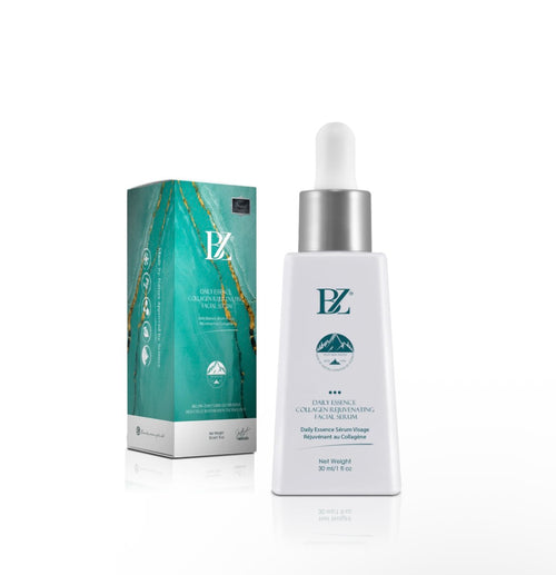 BZ Daily Essence Collagen Rejuvenating Facial Serum - white matte dropper bottle next to teal marble and gold gift box on white background