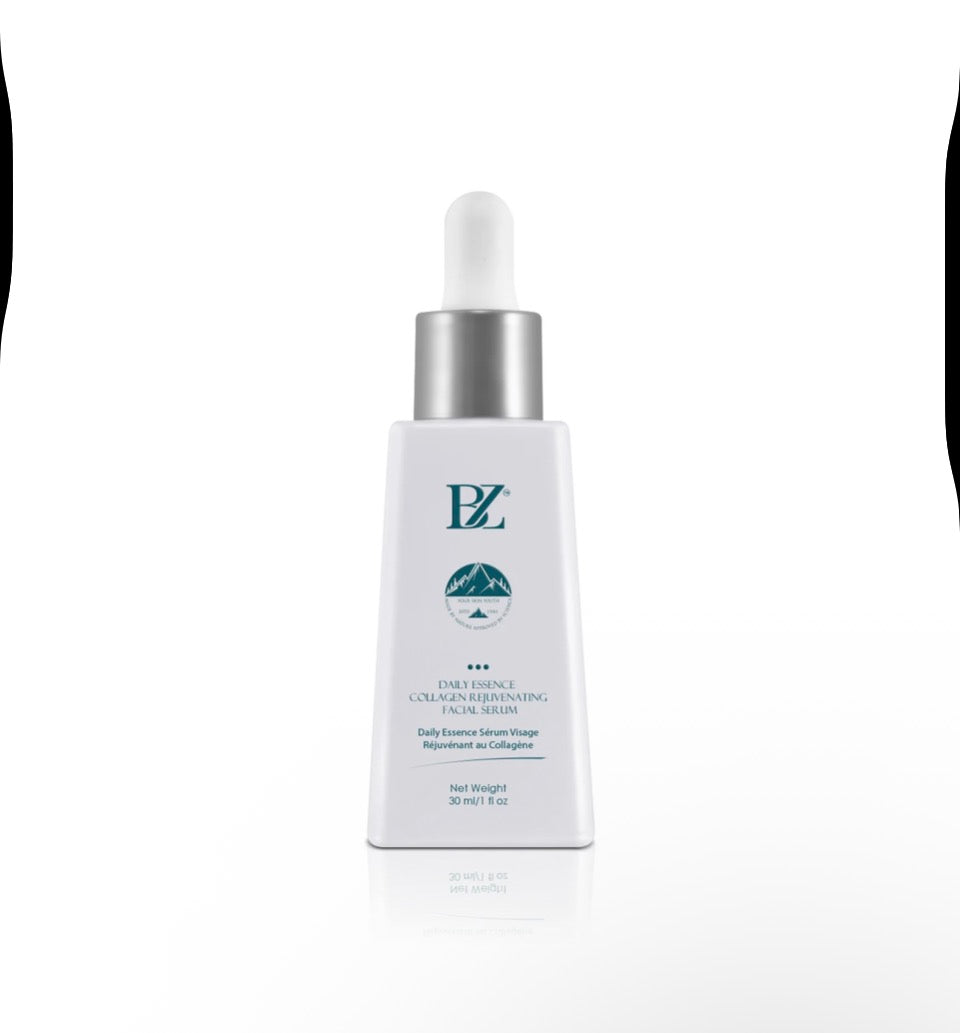 BZ Daily Essence Collagen Rejuvenating Facial Serum - white matte dropper bottle solo on white background showing teal BZ mountain peak logo