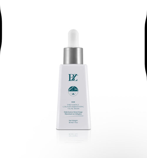BZ Daily Essence Collagen Rejuvenating Facial Serum - white matte dropper bottle solo on white background showing teal BZ mountain peak logo
