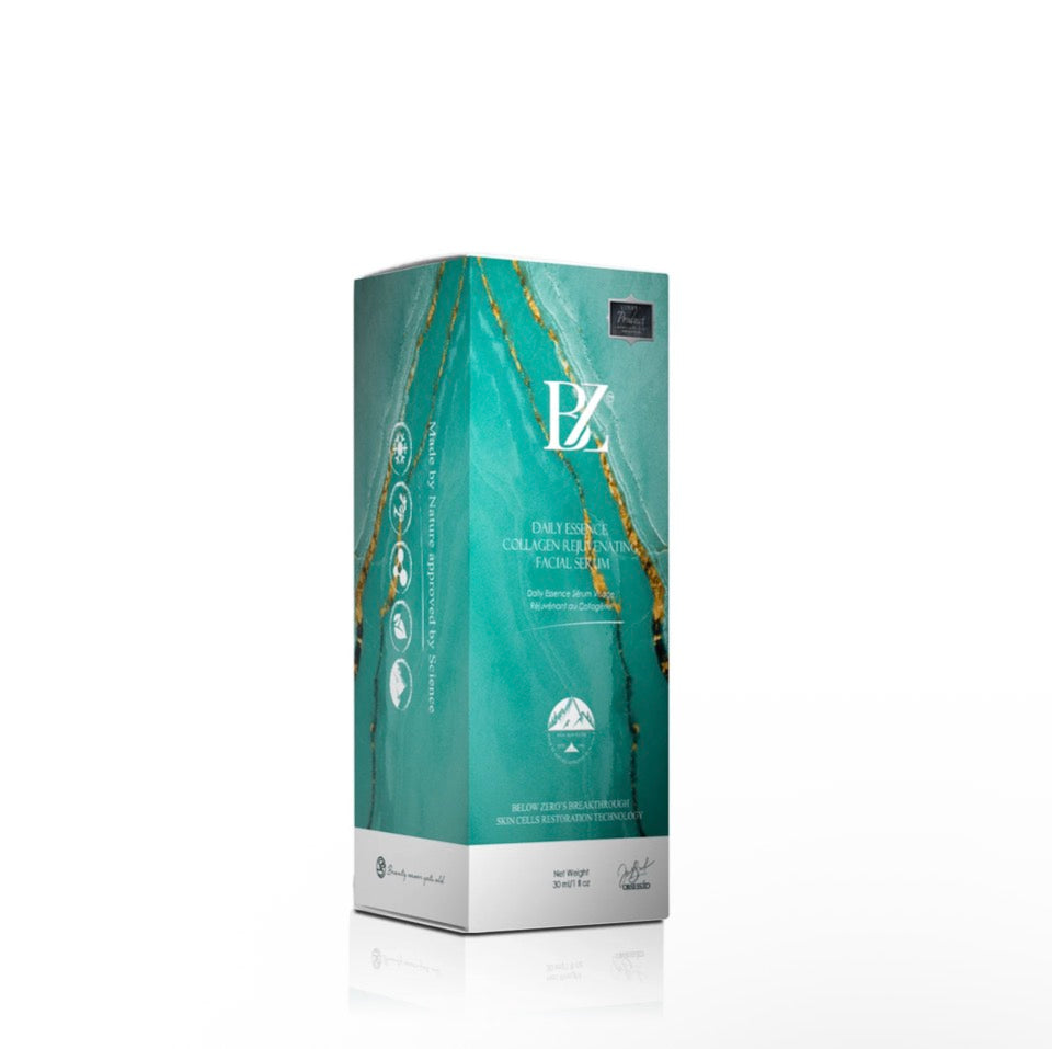 BZ Daily Essence Collagen Rejuvenating Facial Serum - teal marble and gold gift box solo on white background showing Made by Nature Approved by Science and Cell Restoration Technology