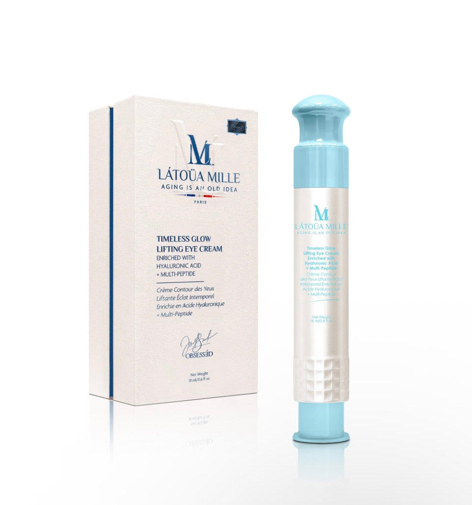 Látoüa Mille Timeless Glow Lifting Eye Cream - powder-blue airless pump bottle next to white gift box with M monogram on white background