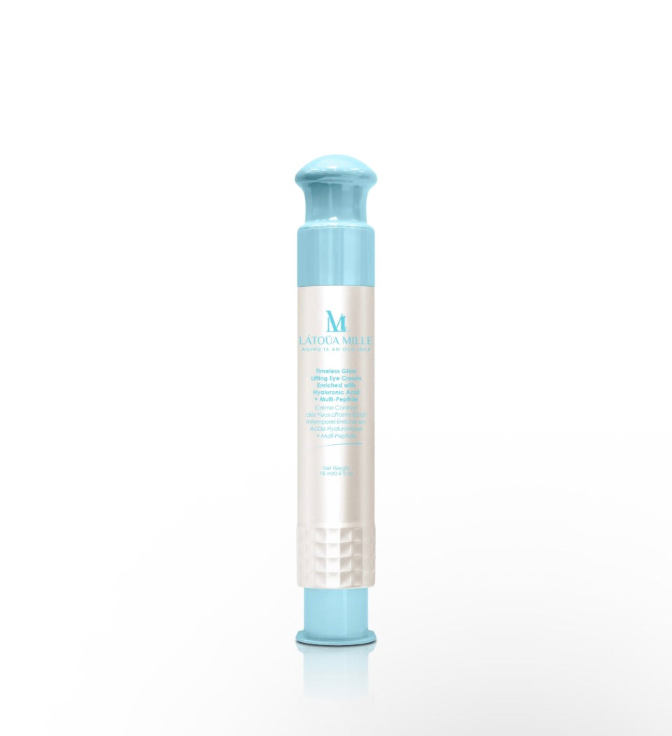Látoüa Mille Timeless Glow Lifting Eye Cream - powder-blue airless pump bottle solo on white background showing silver barrel and M monogram