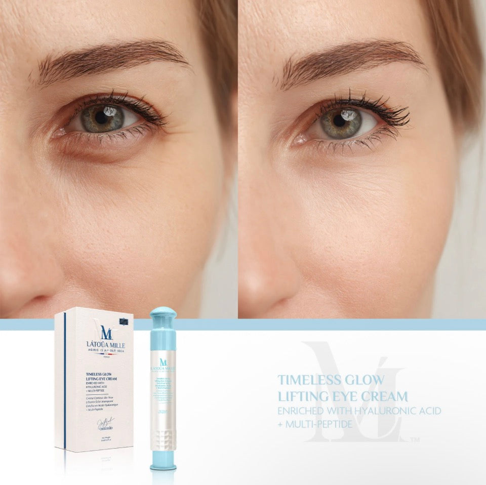 Before and after with Látoüa Mille Timeless Glow Lifting Eye Cream - visibly reduced dark circles and lifted eye contour with product and gift box shown below