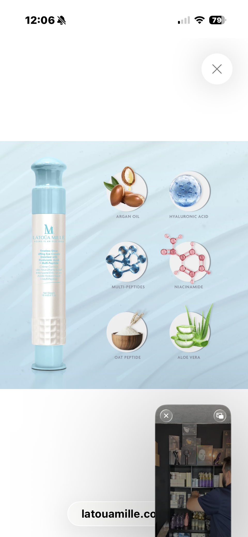 Látoüa Mille Timeless Glow Lifting Eye Cream key ingredients infographic - Argan Oil, Hyaluronic Acid, Multi-Peptides, Niacinamide, Oat Peptide, Aloe Vera