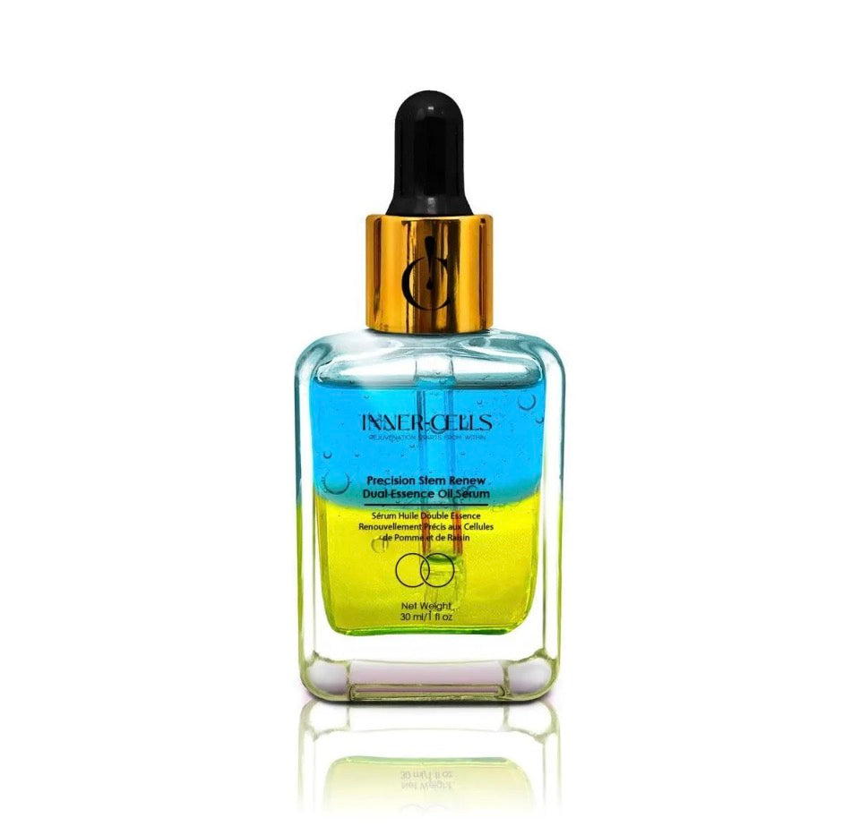 Inner-Cells Precision Stem Renew Dual-Essence Oil Serum - clear glass bottle with vivid sky-blue and chartreuse-yellow dual-phase layers solo on white background