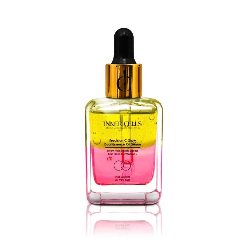 Inner-Cells Precision C Glow Dual-Essence Oil Serum - chartreuse-yellow and hot-pink dual-phase glass bottle solo on white background showing gold collar and black dropper