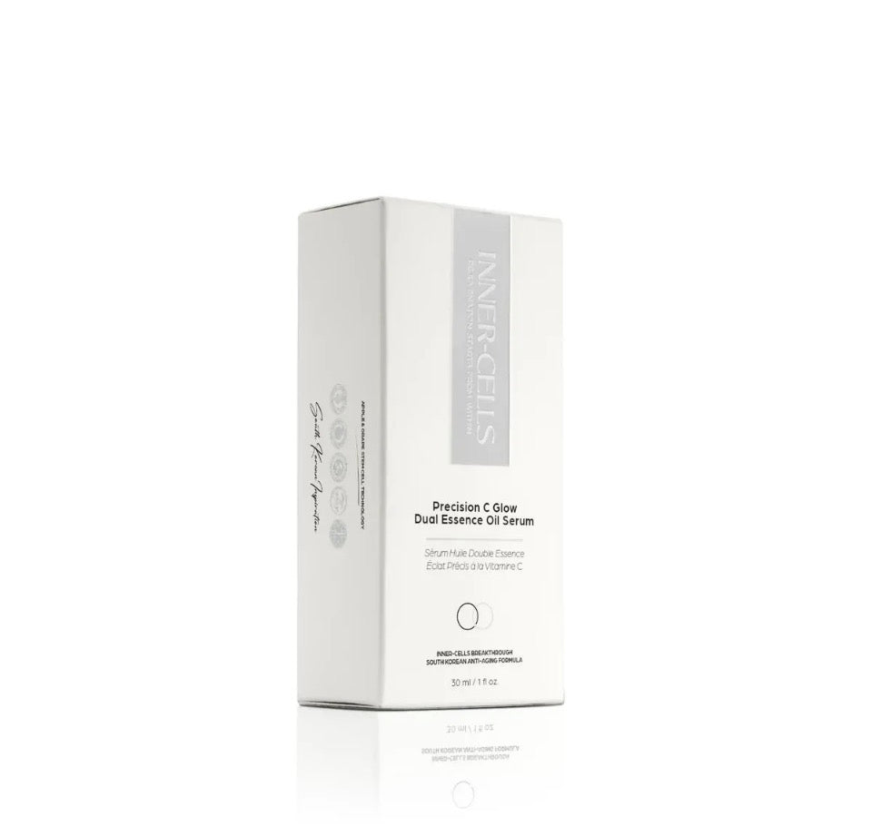 Inner-Cells Precision C Glow Dual-Essence Oil Serum - white Inner-Cells gift box solo on white background showing Vitamin C Dual Essence and South Korean Anti-Aging Formula