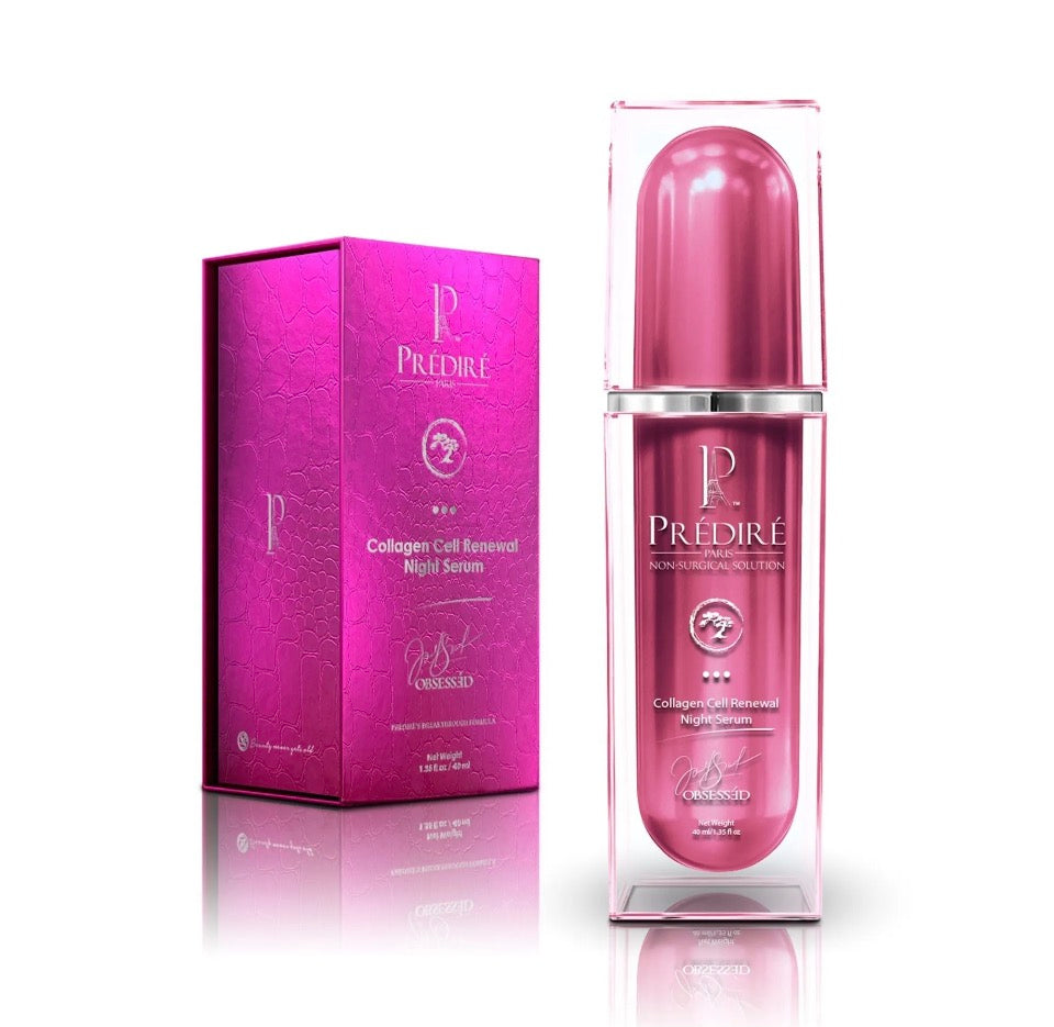 Prédiré Paris Collagen Cell Renewal Night Serum - deep magenta metallic pump bottle in clear acrylic display case next to fuchsia crackle-texture gift box with Prédiré P monogram