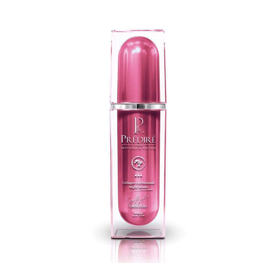 Prédiré Paris Collagen Cell Renewal Night Serum - deep magenta metallic pump bottle in clear square acrylic display case solo on white background showing Prédiré Paris Non-Surgical Solution logo and Obsessëd signature