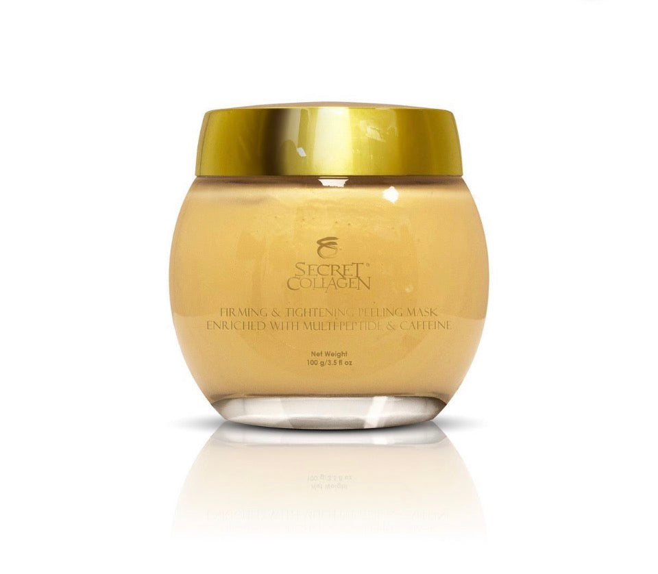 Secret Collagen Firming & Tightening Peeling Mask - champagne-gold amber glass jar with polished gold lid solo on white background showing Secret Collagen logo and Multi-Peptide & Caffeine label