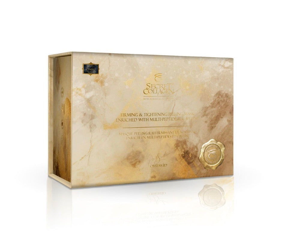 Secret Collagen Firming & Tightening Peeling Mask - champagne-gold marble-effect gift box solo showing gold foil Secret Collagen logo gold wax seal and Obsessëd signature