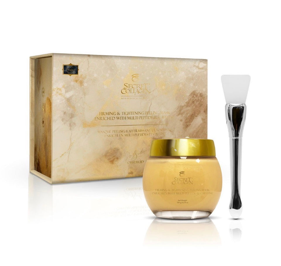 Secret Collagen Firming & Tightening Peeling Mask - champagne-gold amber glass jar with gold lid and chrome silicone brush next to champagne-gold marble gift box with gold wax seal