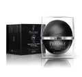 Prédiré Paris Bio Organica Skin Tightening Anti-Aging Facial Mask - matte-black spherical dome jar in clear acrylic display case next to black crocodile-embossed gift box with silver Prédiré P monogram