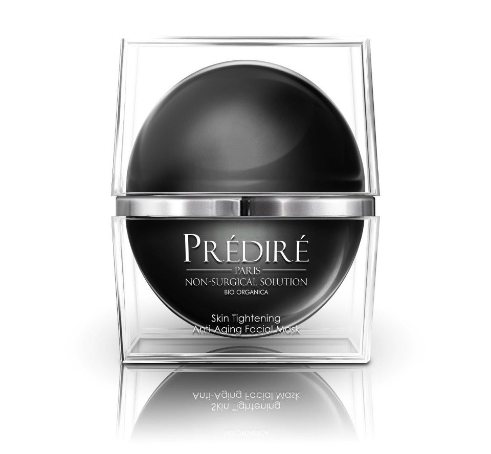 Prédiré Paris Bio Organica Skin Tightening Anti-Aging Facial Mask - matte-black spherical dome jar in clear acrylic display case solo on white background