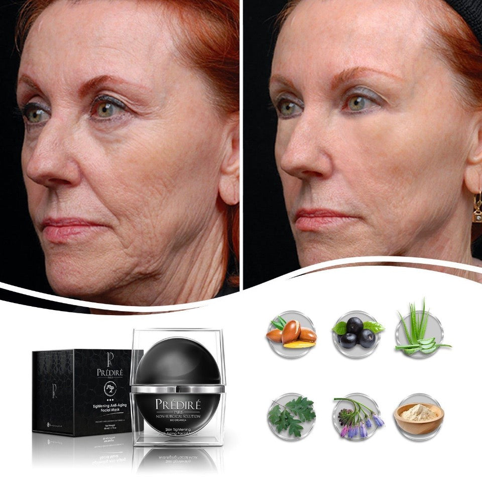 Prédiré Paris Bio Organica Skin Tightening Anti-Aging Facial Mask - before and after showing dramatic full-face wrinkle and skin laxity correction with 6 botanical ingredients Argan Oil Black Olive Aloe Vera Parsley Lavender Kaolin Clay