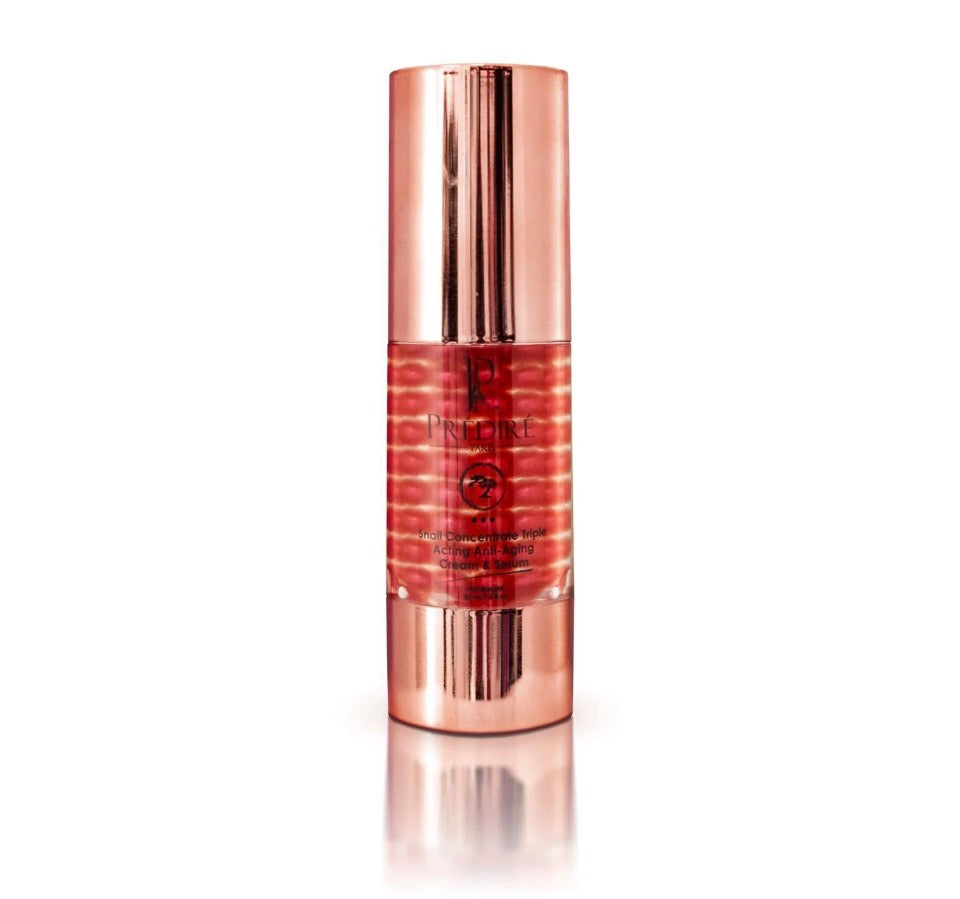 Prédiré Paris Snail Concentrate Triple Acting Anti-Aging Cream & Serum - rose-gold ribbed pump bottle with tall rose-gold cap and Prédiré P monogram solo on white background