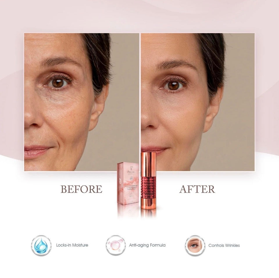 Prédiré Paris Snail Concentrate Triple Acting Anti-Aging Cream & Serum - before and after showing dramatic wrinkle and under-eye reduction with Locks-in Moisture Anti-aging Formula Controls Wrinkles icons
