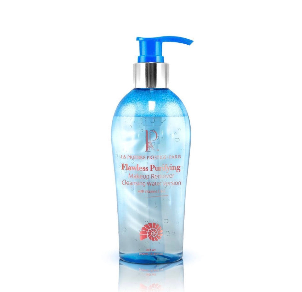 La Prédire Prestige Paris Flawless Purifying Makeup Remover Cleansing Water - ocean-blue transparent pump bottle with silver collar blue pump and La Prédire P monogram on white background