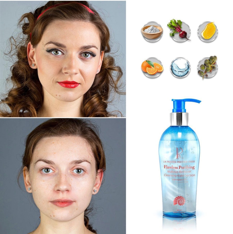 La Prédire Prestige Paris Flawless Purifying Makeup Remover Cleansing Water - before and after showing complete makeup removal with key botanical ingredients Rice Powder Beetroot Mango Orange Vitamin C Water Broccoli