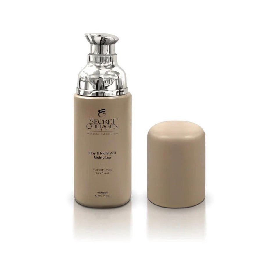 Secret Collagen Day & Night Veil Moisturizer - taupe matte airless pump bottle with chrome domed pump head and matching taupe cap solo on white background