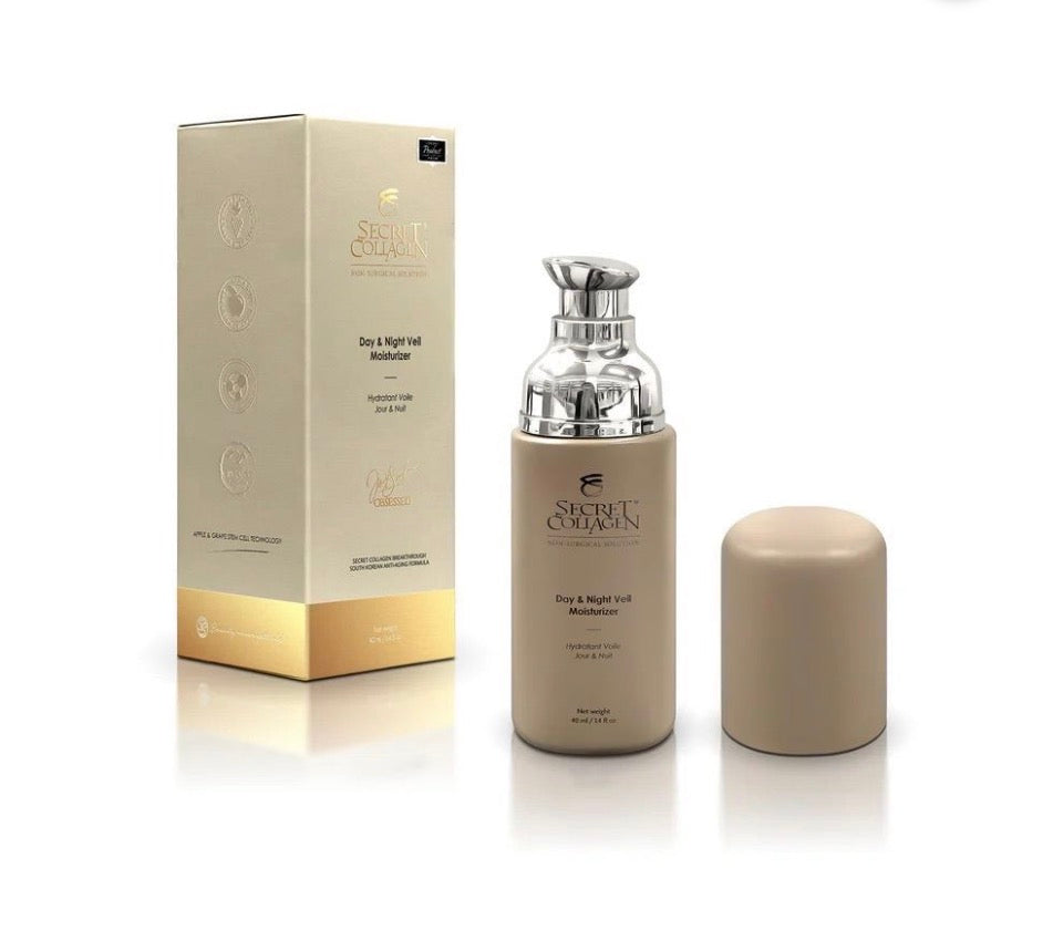 Secret Collagen Day & Night Veil Moisturizer - taupe matte airless pump bottle with chrome domed pump head and cap removed next to champagne-gold gift box on white background