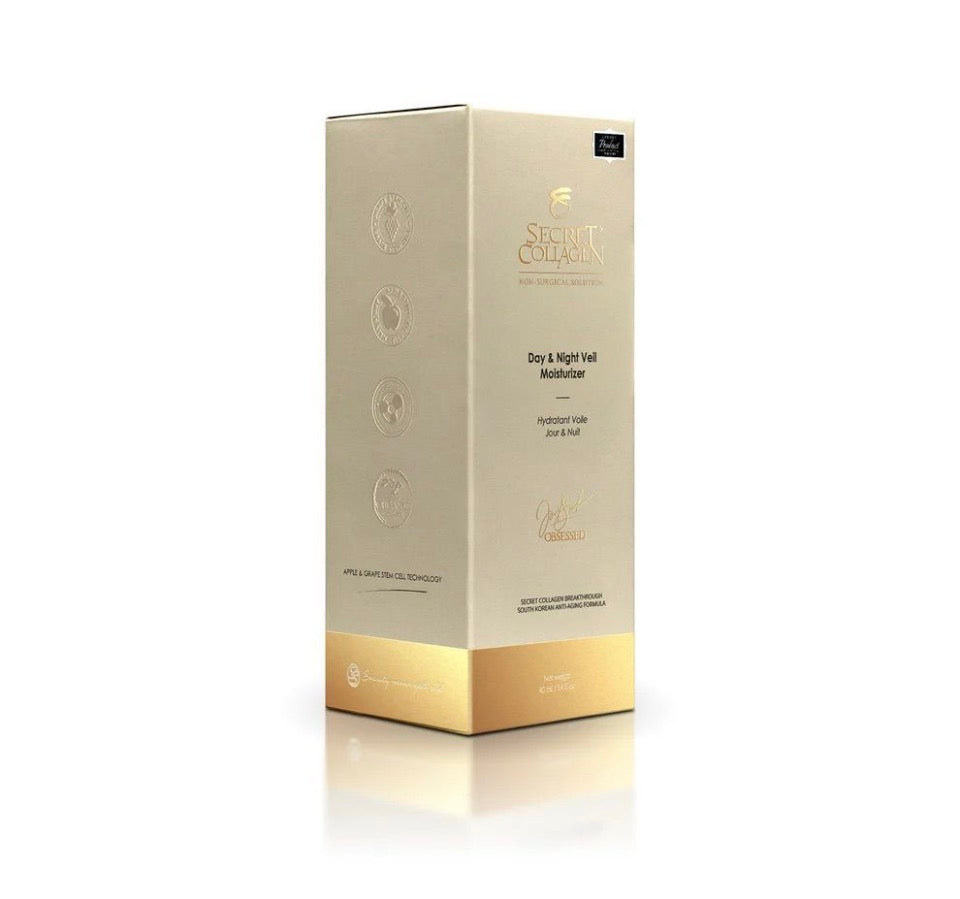 Secret Collagen Day & Night Veil Moisturizer - champagne-gold embossed gift box with gold foil base and Apple & Grape Stem Cell Technology callout on white background