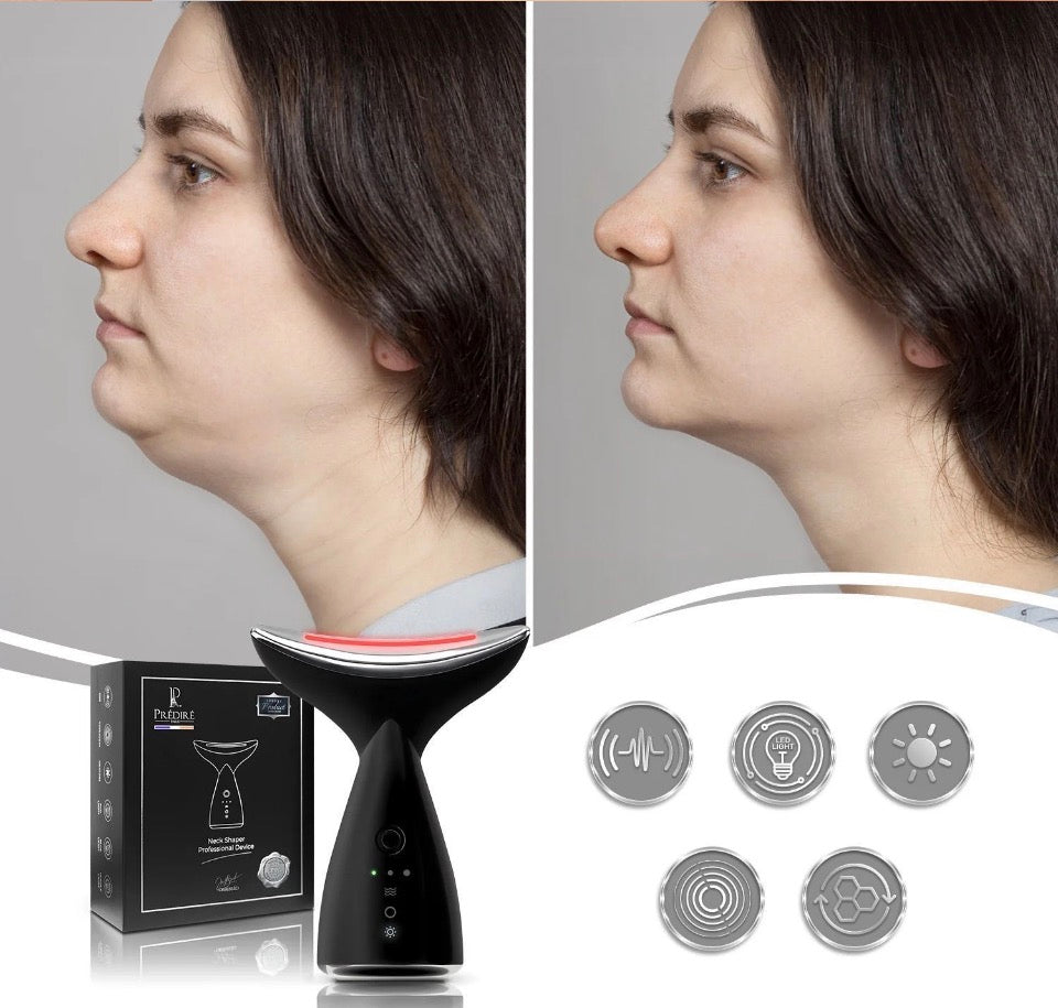 Prédiré Paris Neck Shaper Professional Device - skin layer penetration infographic showing 5 wavelengths 390-1090nm treating epidermis dermis and hypodermis to 3mm depth