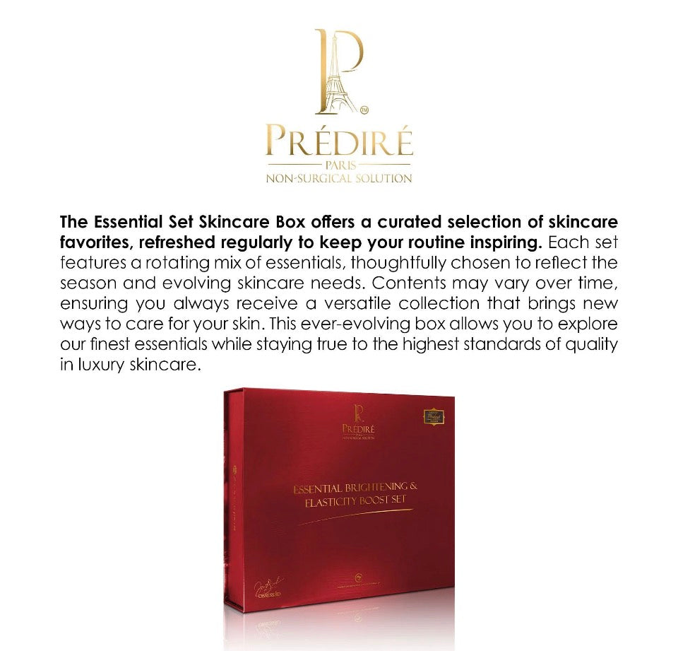 Prédiré Paris Essential Brightening & Elasticity Boost Set - brand description card showing Prédiré Paris Non-Surgical Solution logo and curated skincare box description