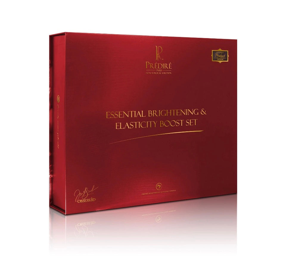 Prédiré Paris Essential Brightening & Elasticity Boost Set - deep crimson magnetic-closure gift box with gold foil lettering and Obsessëd signature on white background
