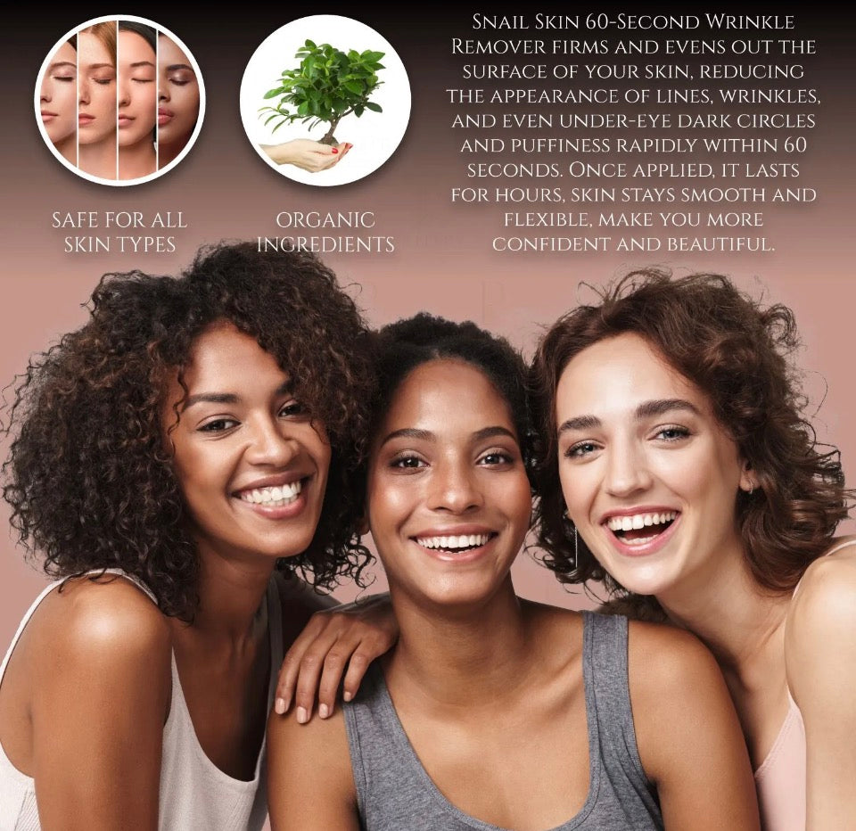 Prédiré Paris Snail Mucin Instant Skin Refiner - three models smiling with safe for all skin types and organic ingredients callouts and 60-second wrinkle remover description