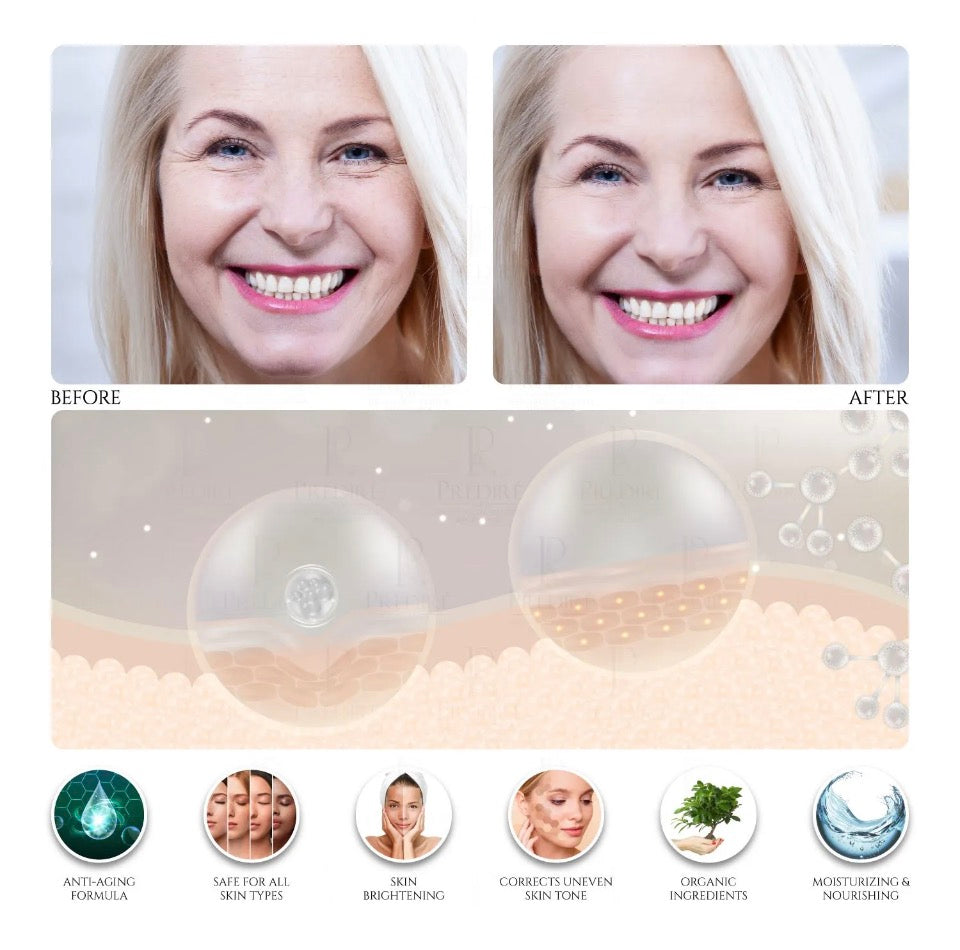 Prédiré Paris Snail Mucin Instant Skin Refiner - before and after showing visibly reduced wrinkles with anti-aging formula safe for all skin types skin brightening corrects uneven skin tone organic ingredients moisturizing and nourishing icons