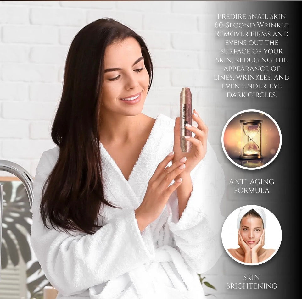 Model in white robe holding Prédiré Paris Snail Mucin Instant Skin Refiner with anti-aging formula and skin brightening callouts - lifestyle editorial shot
