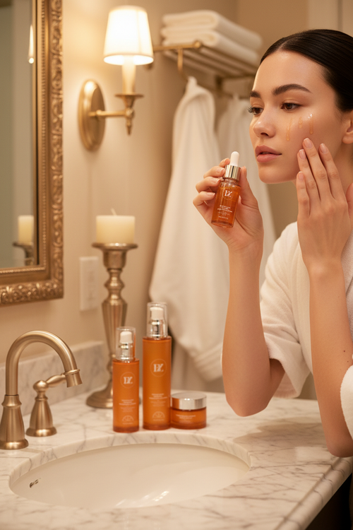 Model applying Below Zero Vitamin C serum - luxury lifestyle