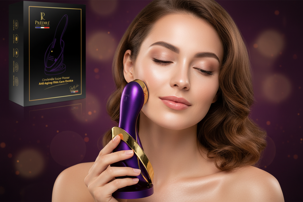 Elegant woman using Prédiré Paris Cinderella device in luxury editorial lifestyle setting