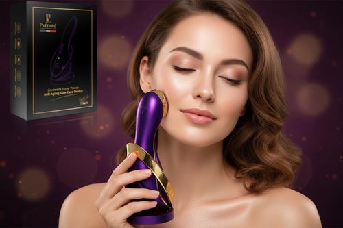 Elegant woman using Prédiré Paris Cinderella device in luxury editorial lifestyle setting